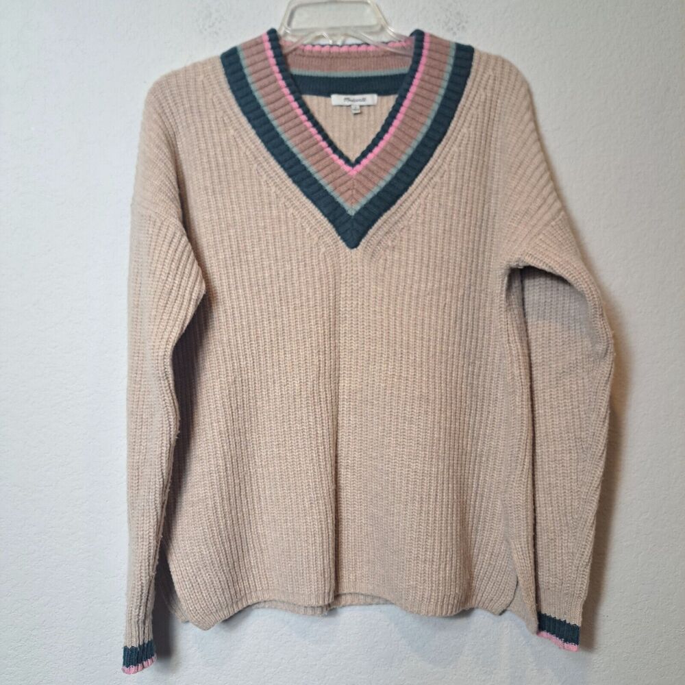 Madewell Tipped Forrest V-Neck Wool Blend Sweater Women's Sz S Cozy Winter Beige